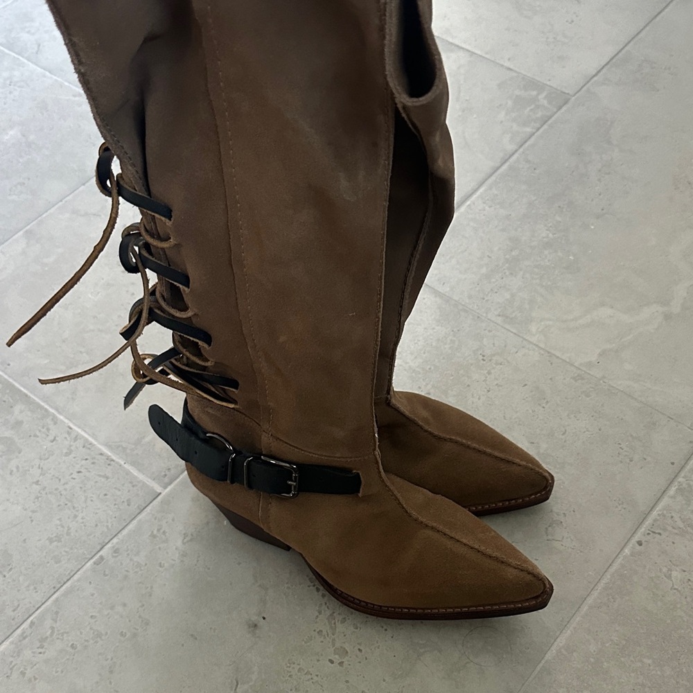 Free People Brown Suede Knee-High Lace-Up Boots